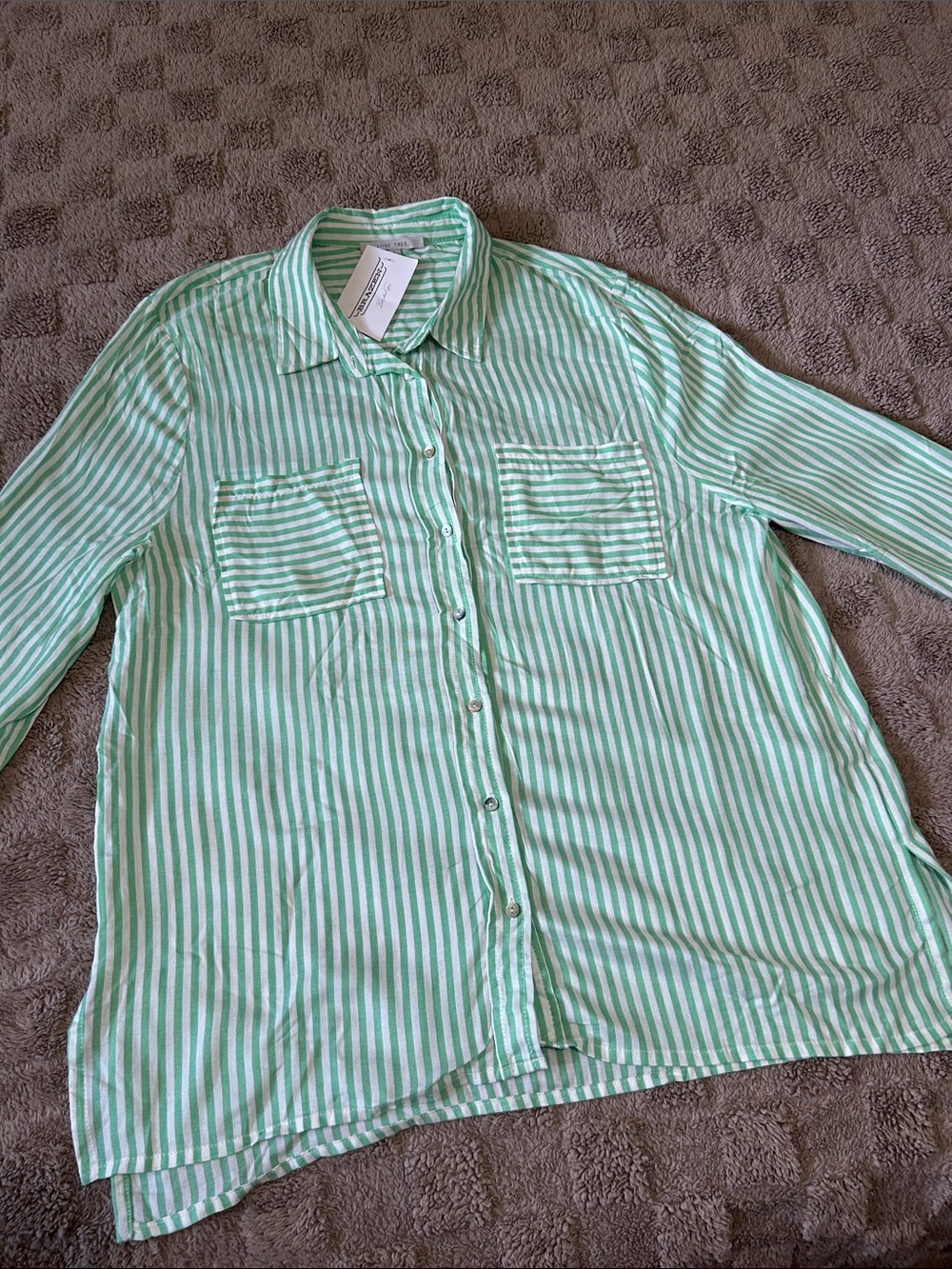 Love Tree Green White Striped Button Up Shirt Oversized Pocket Blouse NWT
